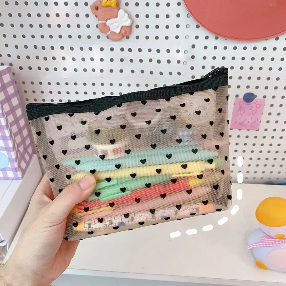 1 Uds nuevas bolsas de maquillaje con cremallera, bolsa de cosméticos de malla transparente con puntos negros a la moda, neceser de viaje para