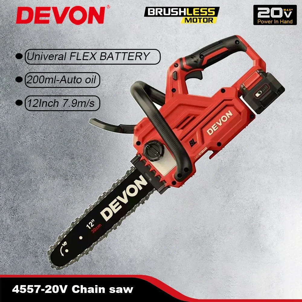 

Devon 4557 Wireless Chain Saw Brushless Motor for Wood Cutting 20v 7.9m/s Auto Filling Oil 200ml Share Flex Battery