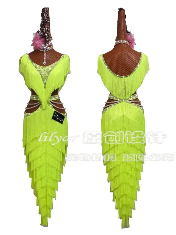 

New Latin Dance Competition Fluorescent Yellow Performance Costume Tassel Skirt Customized High Split Adult Female