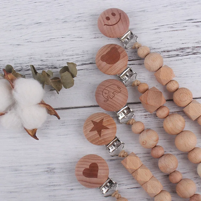 Safety Wooden Baby Infant Toddler Dummy Pacifier Beech Wood Soother Nipple Clip Chain Holder Strap Baby Chew Teether Teething