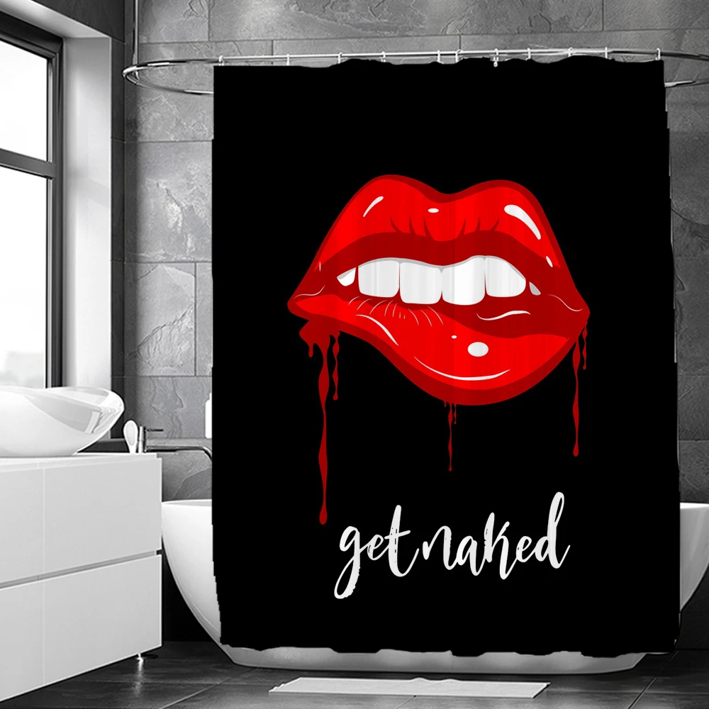 Black Theme Get Naked Decor Shower Curtain White Art Words Sexy Red lip Waterproof Polyester Fabric Bath Curtain With Hooks