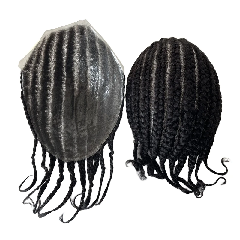 Brazilian Virgin Human Hair Replacement 1# Jet Black Afro Cornrow Braids 8x10 Full PU Toupee Skin Unit for Black Men