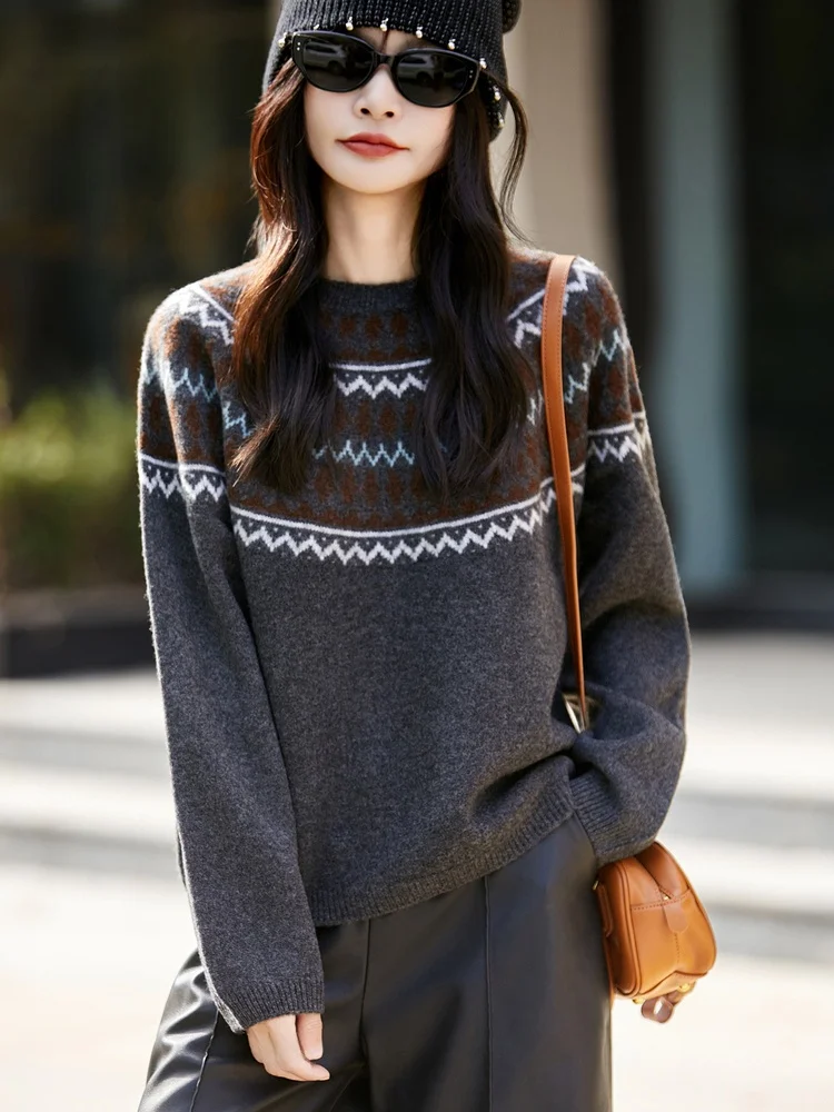 

Women's Wool Fair Isle Knitted Long Sve Sweater Autumn Winter Soft Loose Warm Faionable Base Layer irt Ci Walk