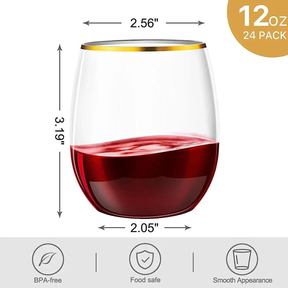 10/20/30pcs 12Oz Stemless Wine Cups Parties Disposable Plastic Cup Gold Rim Gold Rim Reusable Shatterproof Wedding Wine Glasses