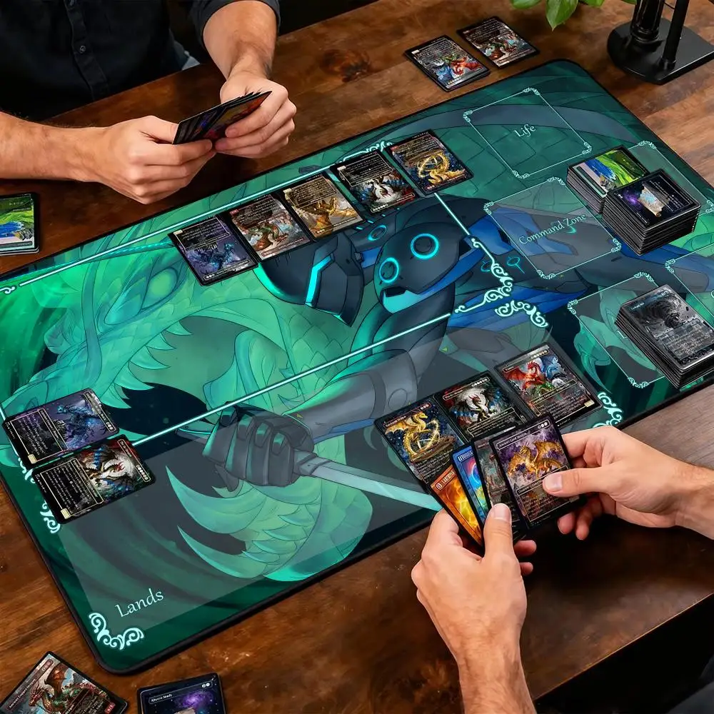 Futuristic Dragon Gaming Mat, Rubber Anti-Slip Playmat with Zones, Magic Playmat for Trading Card Games, TCG Commander Mat