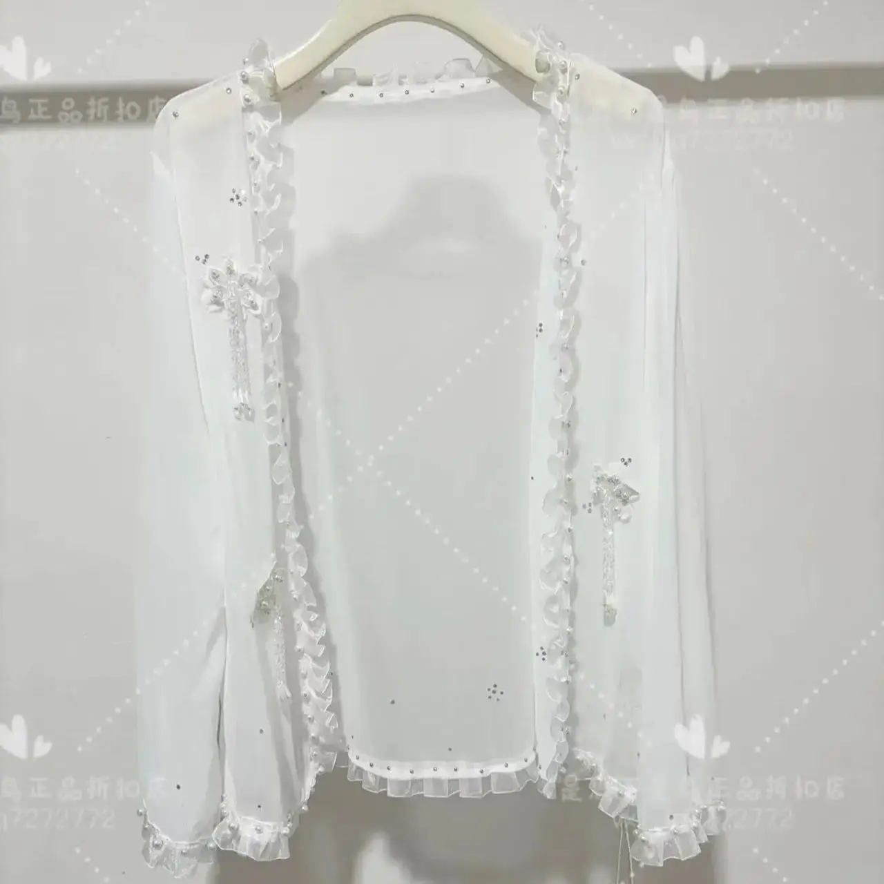 Luxury Beaded Tassel Chiffon Sunscreen Clothing Women Long Sleeve Ruffle Top Summer Air Conditioning Cover Up Casual Cardigan