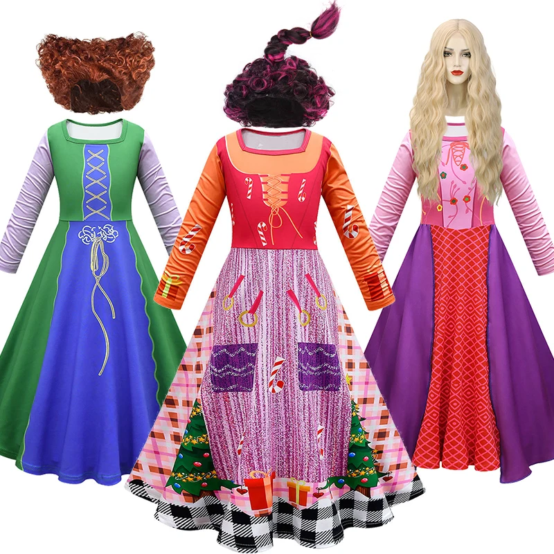 

Hocus Pocus 2 Girls Halloween Cosplay Witch Sanderson Sisters Costume Disguised Child Mary Sarah Winifred Masquerade Party Dress