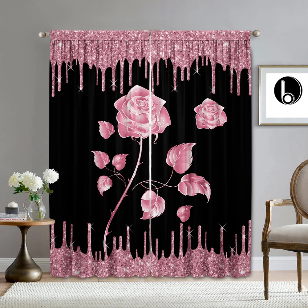 2PC Home Decoration Curtains, Rose Flowers With Pole Bag Curtains, Kitchen, Coffee Shop, Living Room, Balcony,Garden