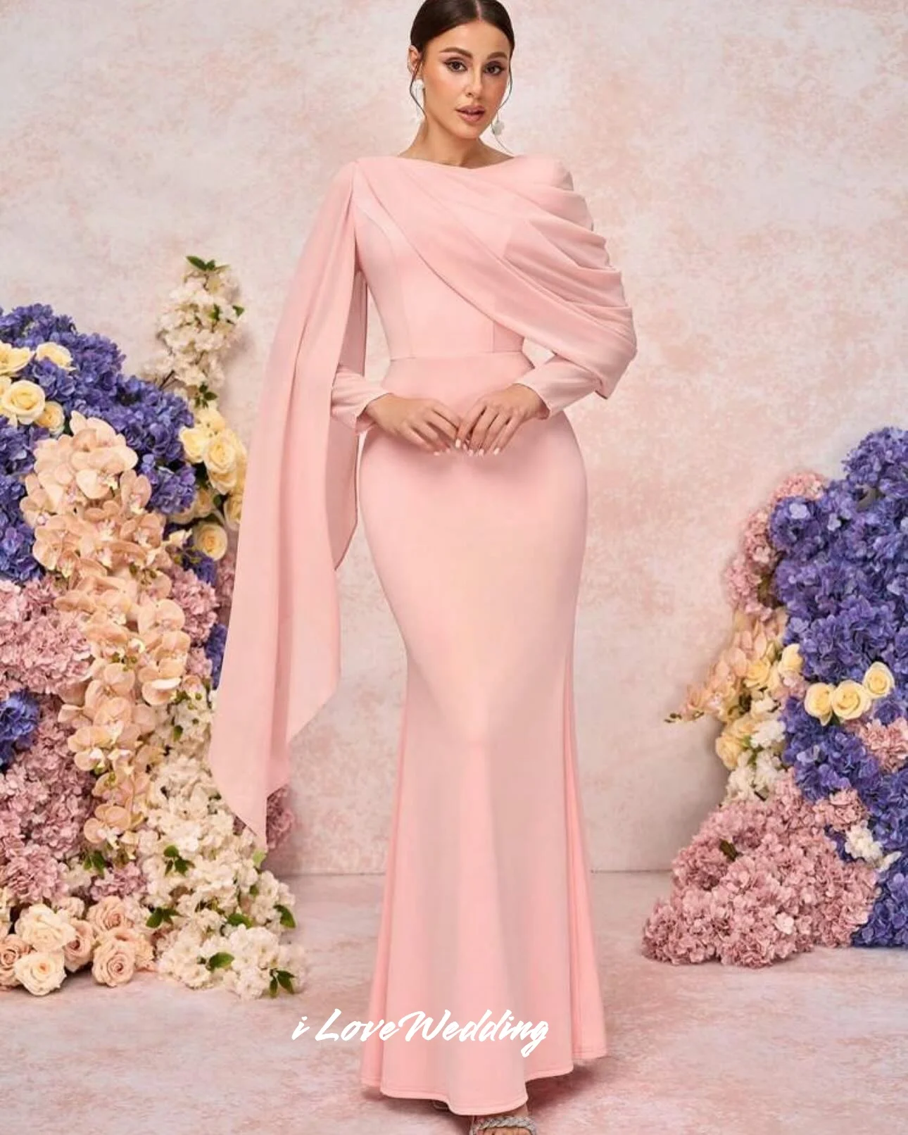 

Pink O-Neck Evening Dresses 2025 Satin Shawl Long Sleeve Mermaid Pleated Simple Ankle-Length Wedding Party Dresses Customized