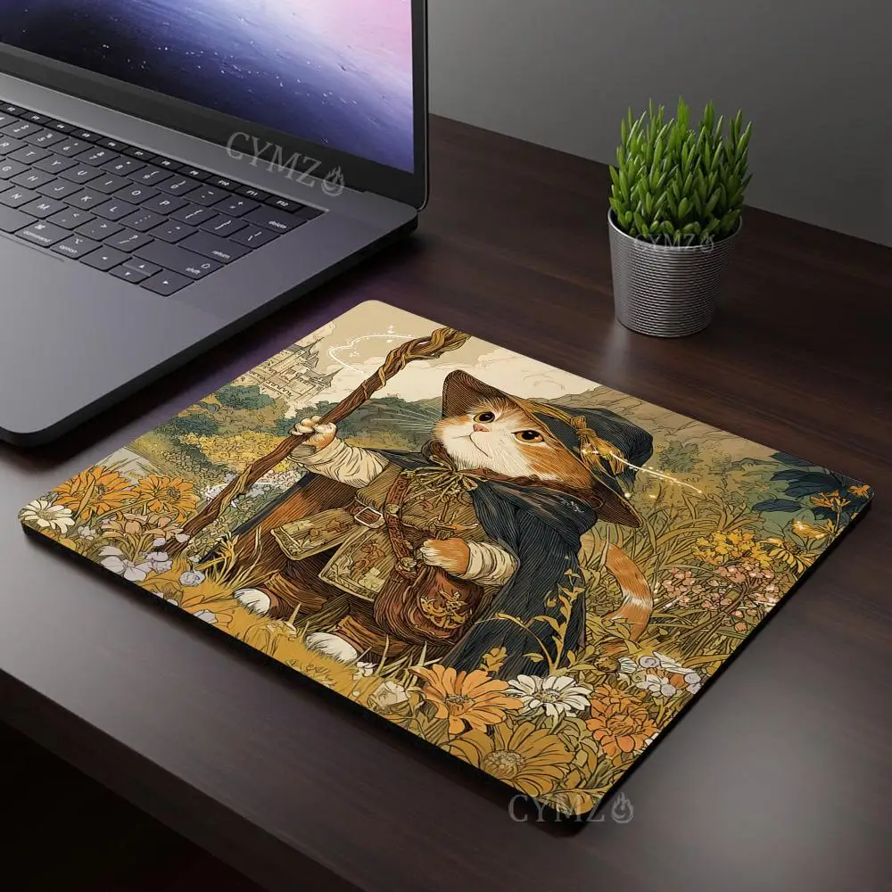 Cat Wizard and Raccoon Warrior Design Small Mouse Pad Desk Mat Non-Slip Stitched Edge office mat Gaming pad Laptop Mousepad
