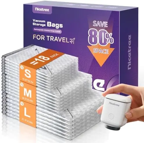 

Набор вакуумных пакетов Nicetree (18 шт.) с беспроводным насосом – 3 размера для путешествий и хранения