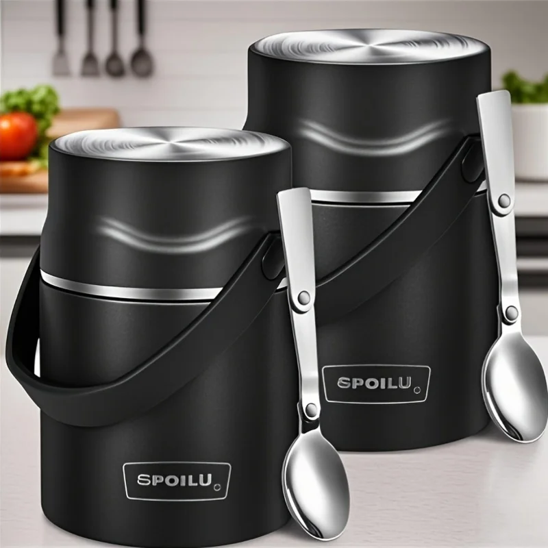 

2pcs 21 Oz Thermo Food Jar Insulated Container, Insulated Food Container for Adult, with 316 304 Stainless Steel Vacuum Insulated Food Jar Spoon, Leak Proof, Portable Hot Soup Container, Black