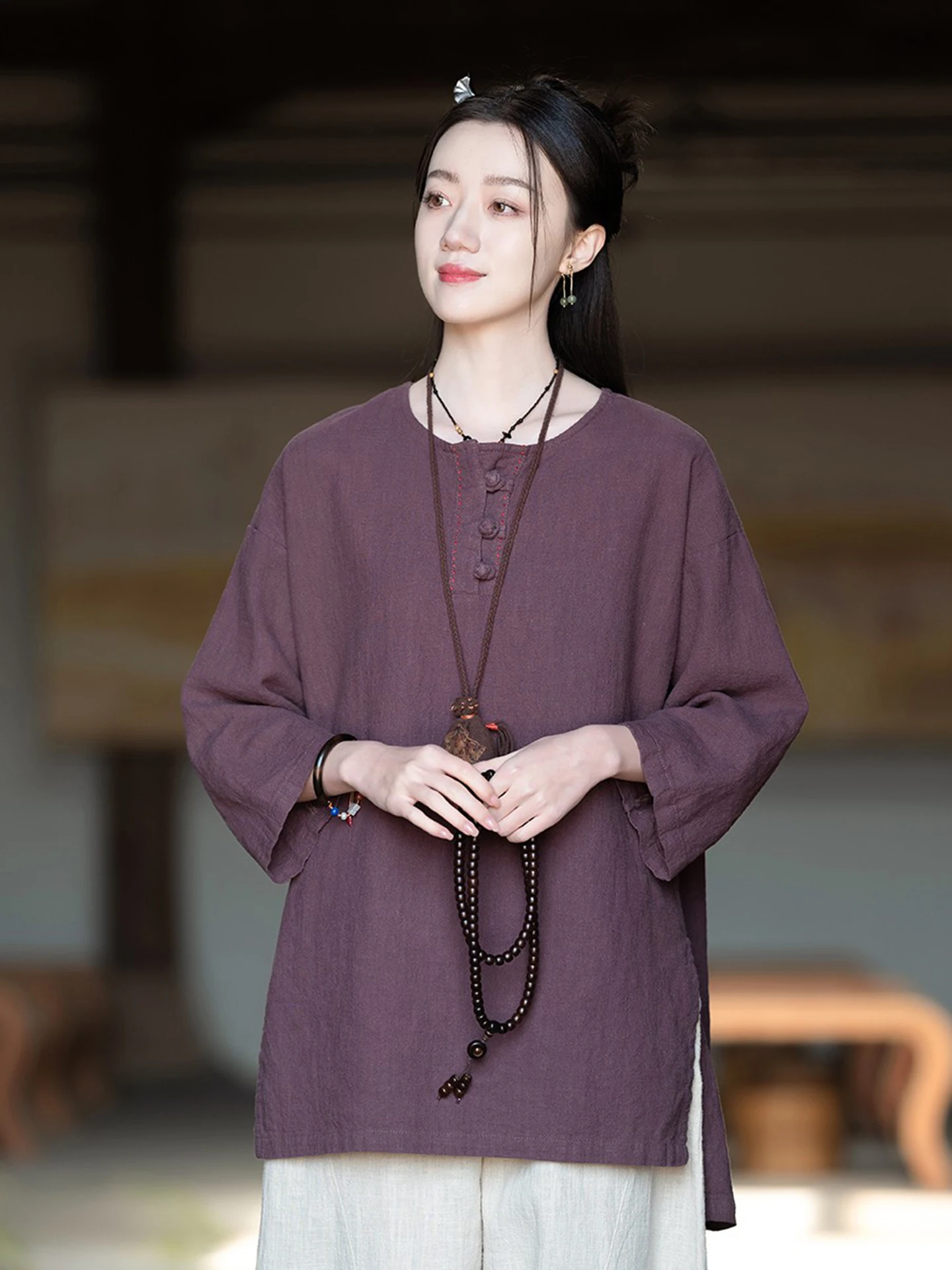 Retro Cotton Linen Women's Shirt New Chinese Style Mid-Length Zen Meditation T-Shirt Nine-Sleeve Button-Up Loose Fit Commute ...