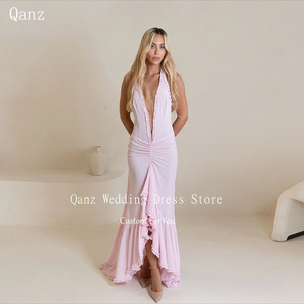 

Qanz Pink Deep V Meck Evening Dresses Memraid Ruffles Vestidos De Fiesta Elegantes Backless Wedding Party Dress Customized