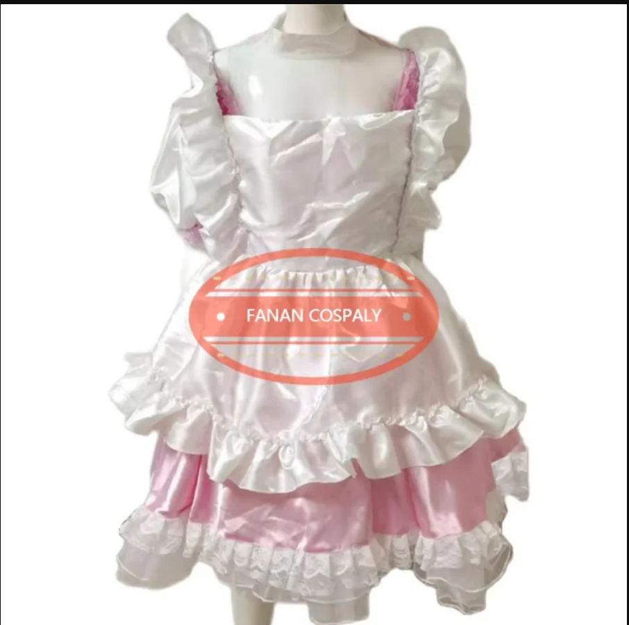 

Adult Giant Baby Sexy Girl Pink Thin Satin Face Sissy Dress White Polyester Brazier Apron Maid Role Play Customized Multi Color
