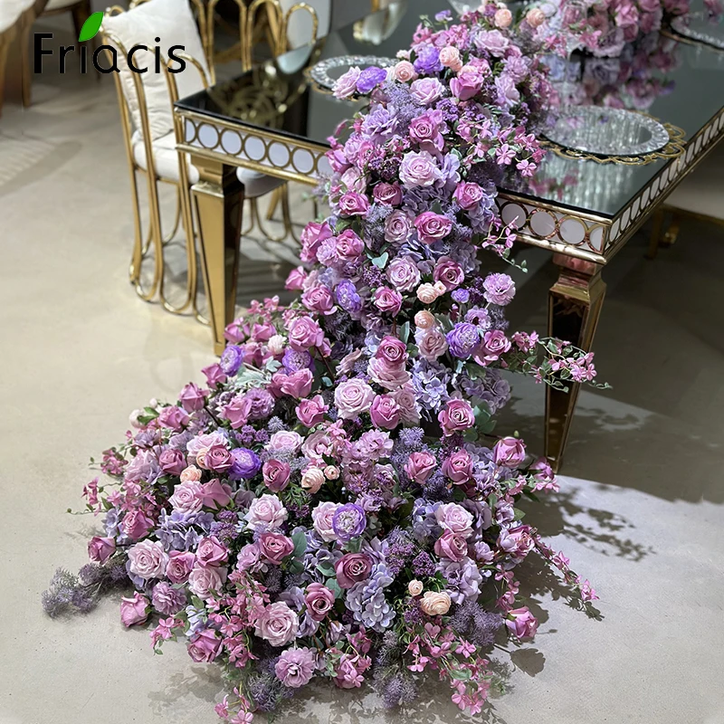 Luxury Purple Rose Table Sofa Runner Wedding Backdrop Horn Arch Frame Decor Arrangement Floral Stage Flower Stand Centerpiece Ba