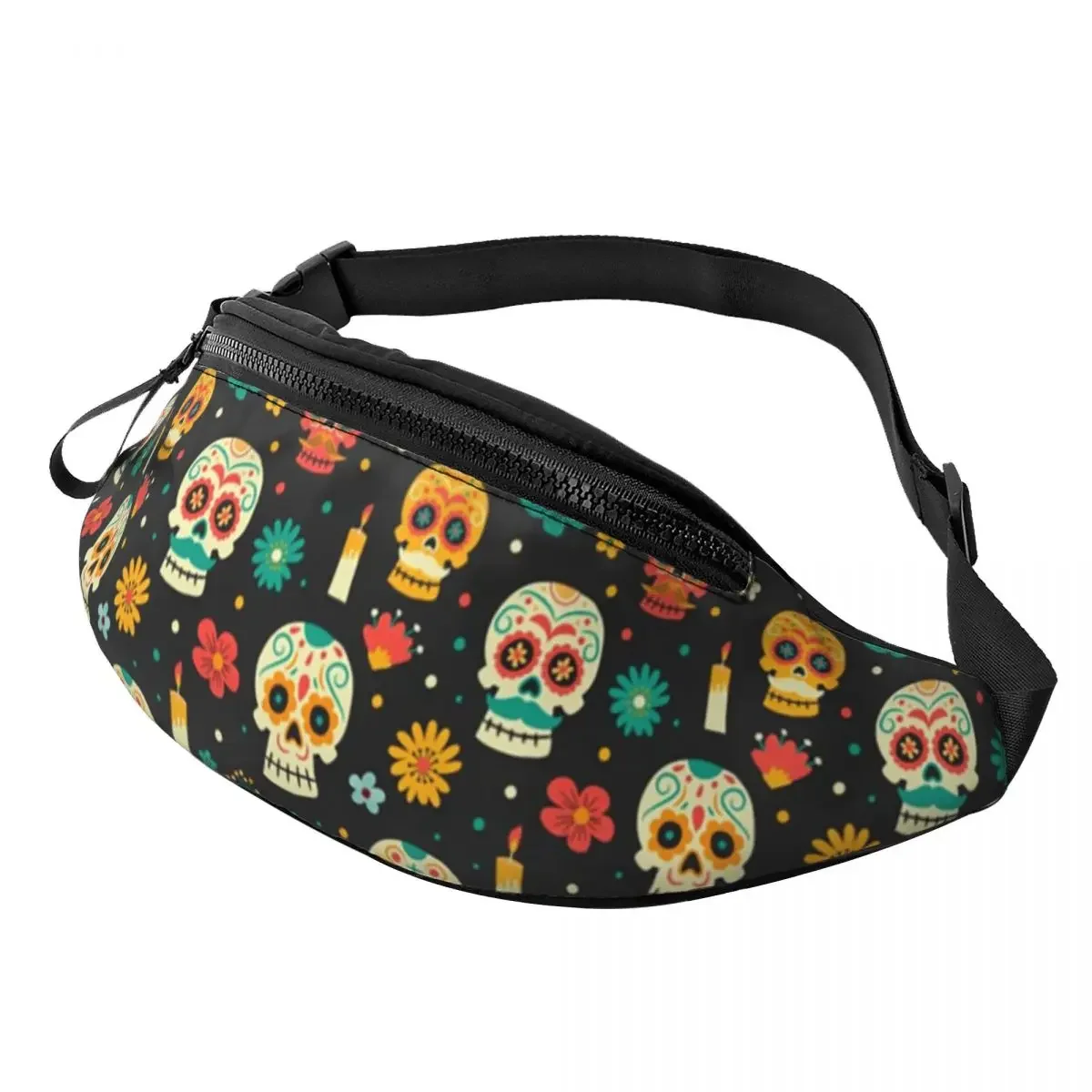 

Fashion Mexican Flower Sugar Skull Fanny Pack for Travel Hiking Men Women Crossbody Waist Bag Phone Money Pouch