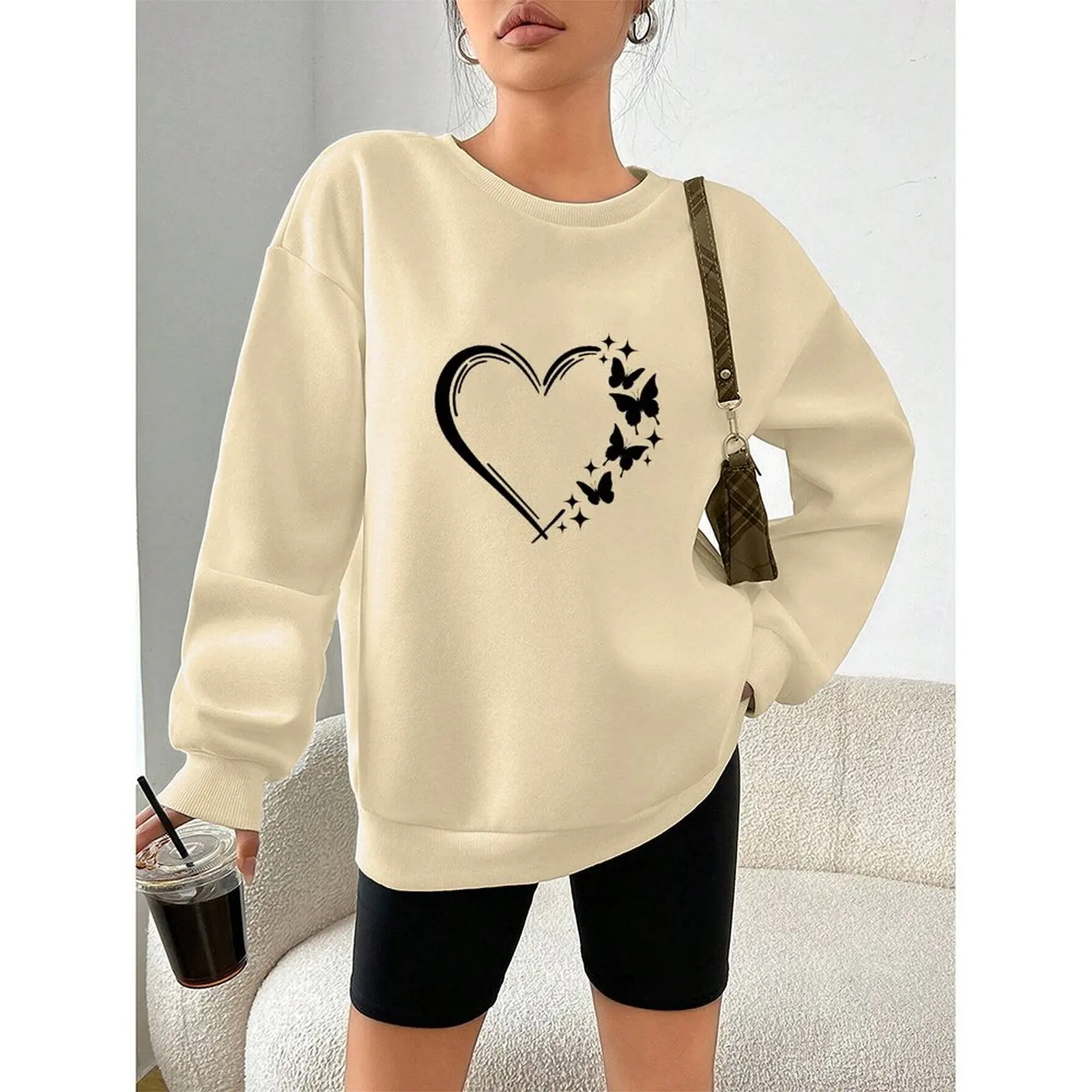 

Women's Sweater Round Neck Sweatshirts Velvet Winter Casual Printed Long-sleeved Pullovers Autumn Woman Clothes 2025