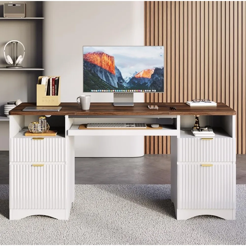 Computer Desk with Keyboard Tray, 59 inch Office Desk with 4 Drawers, Modern Home Office Desk with File Drawer (Walnut with Whi