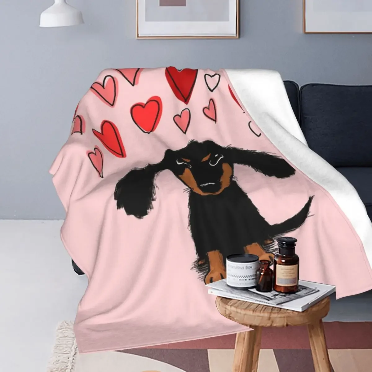 

Cute Dachshund Puppy Dog With Valentine Hearts Blanket Soft Warm Flannel Throw Blanket Bedspread for Bed Living room Home Couch