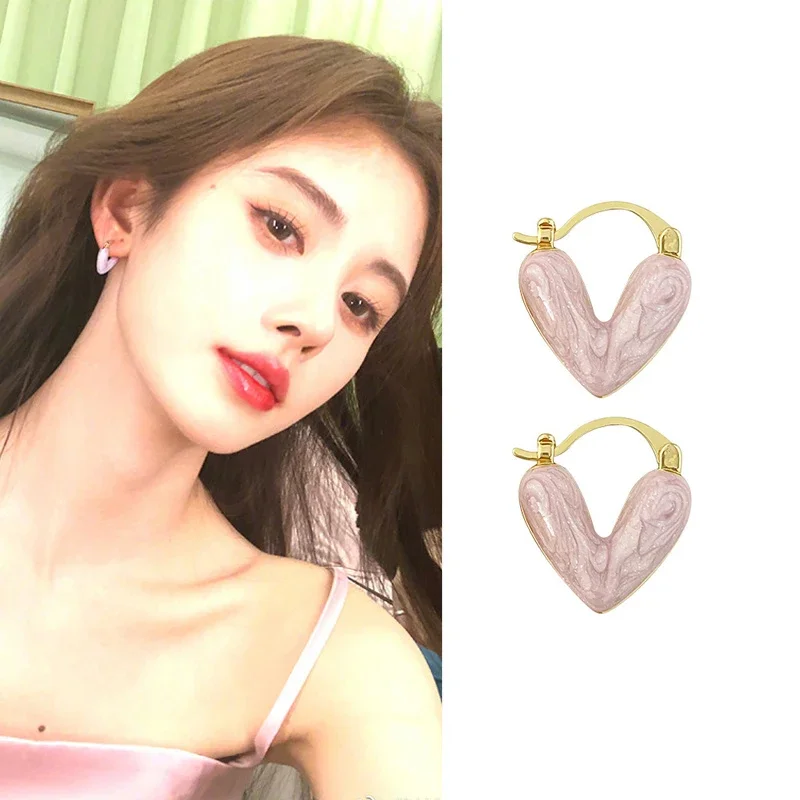 Heart Ear Buckle Geometry Enamel Glaze Pink White Blue Color Pendant Earrings for Women Temperament European Girl Jewelry image 3