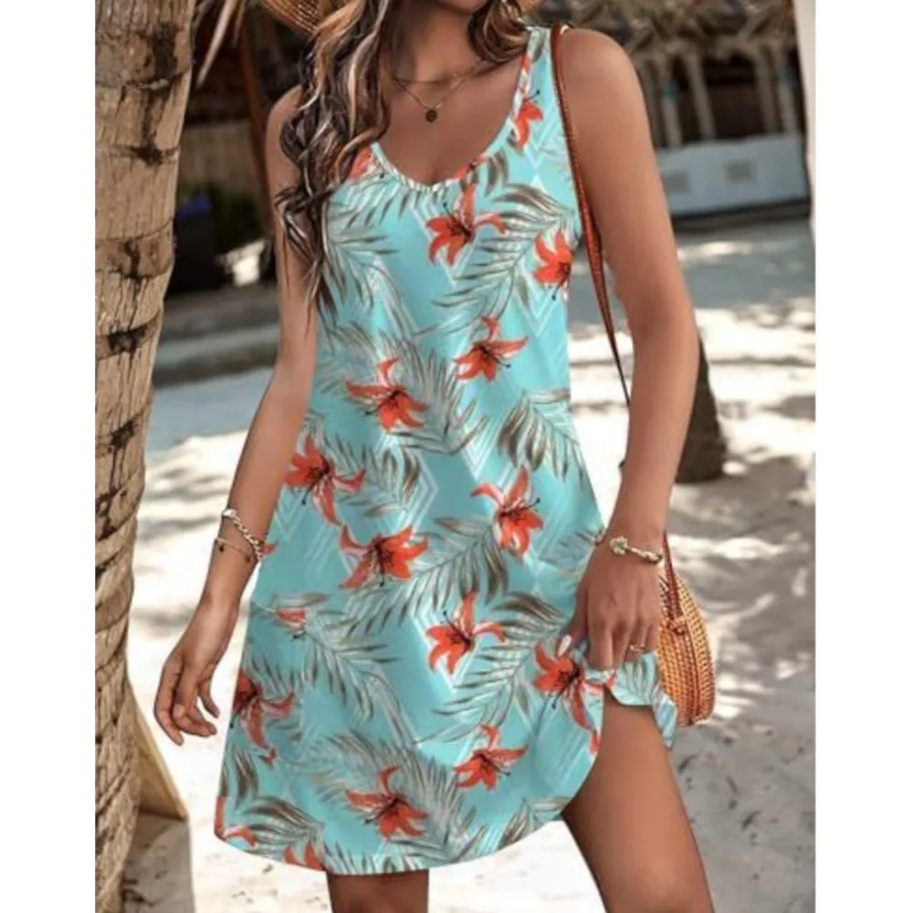 2025 여름 캐주얼 탱크 탑 스커트 포켓 여름 보헤미안 비치 스커트 꽃 티셔츠 드레스 Damen 모드 짧은 드레스