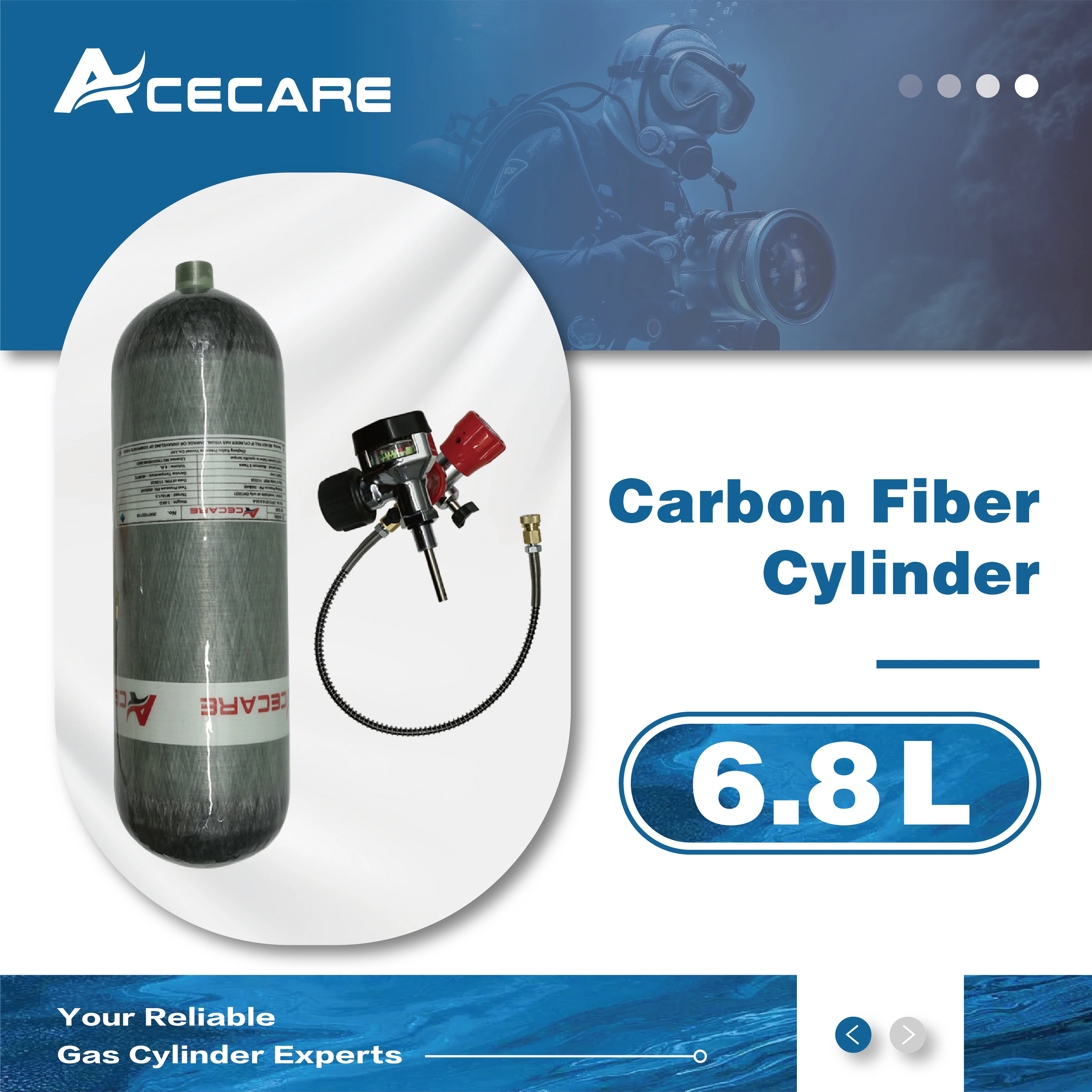 ACECARE-Intervalles en fibre de carbone pour la plongée, Fibres précieuses, Valve de jauge, Station de remplissage, Filetage, M18 * 1.5, 6,8 L, CE, 300bar