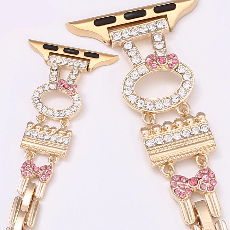 1PCS Cute Rabbit Bracelets For Apple Watch Band 45mm 44mm 42mm 41mm Bling Rhinestone Strap For Iwatch Ultra Series 9 8 SE 7 6 5