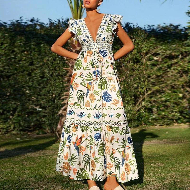Abito estivo da donna Elegante stampa floreale Orlo ampio Abito lungo Primavera Scollo a V Manica a farfalla Abito da vacanza bohémien Vestido Mujer