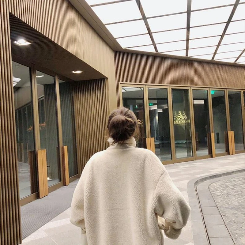 Lamb Wool Coat Female Winter Korean Loose Pockets Plush Thick Warm Parkas Women Cotton Padded Jacket Japanese Jackets White