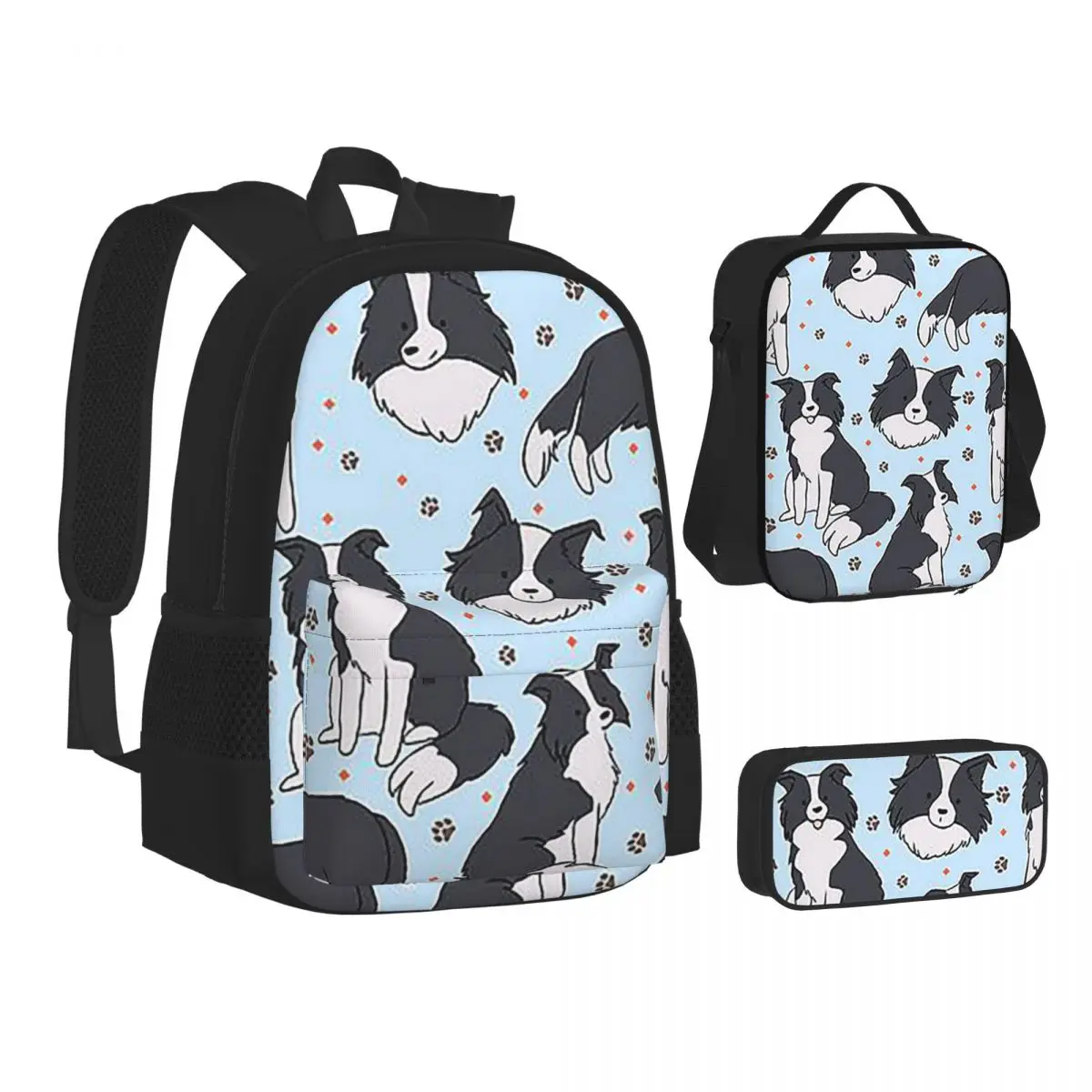

9 Cute Border Collie Dog Backpacks Boys Girls Bookbag Students School Bags Kids Rucksack Lunch Bag Pen Bag Three-Piece Set