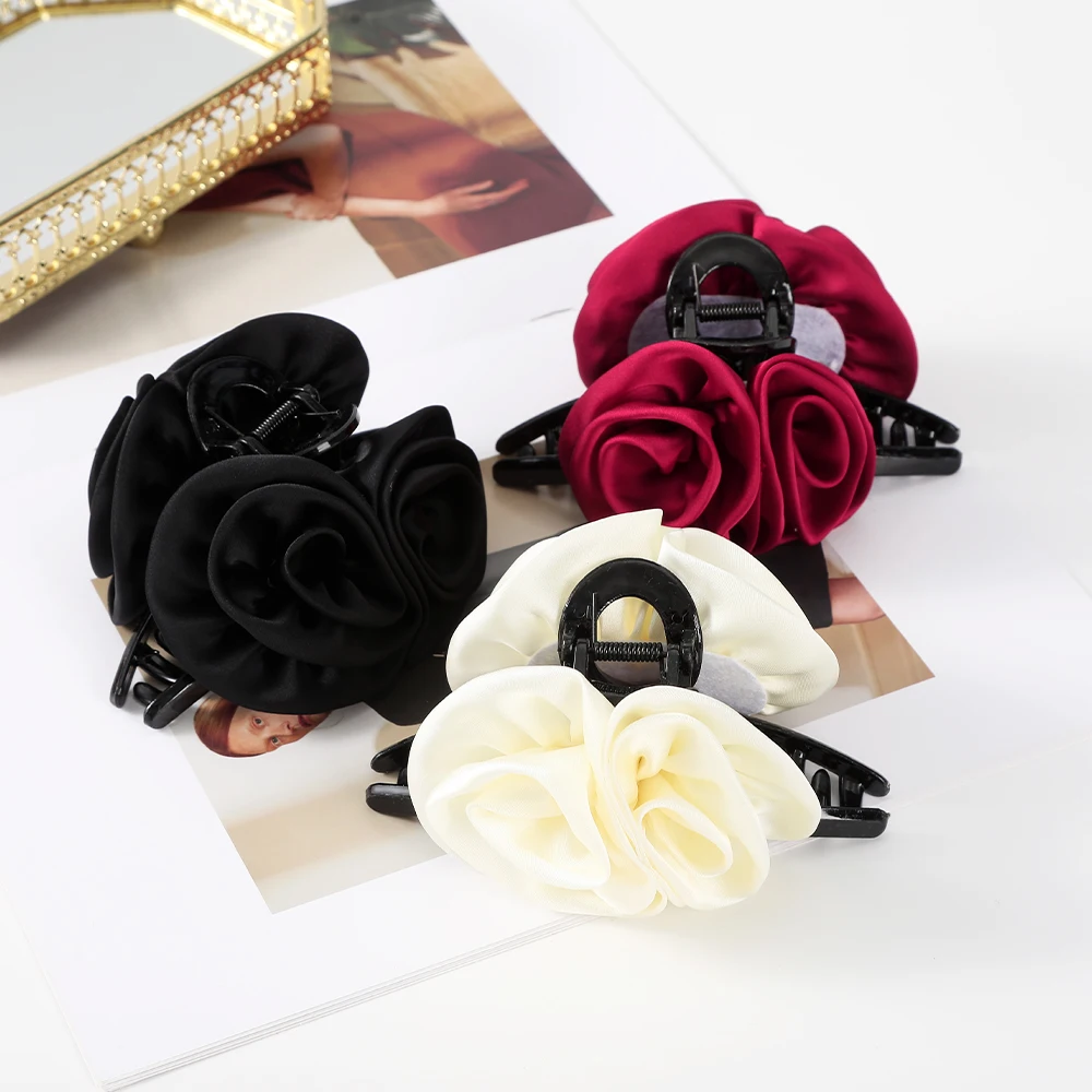 AWAYTR New Double Rose Hair Claws Hairpin Sweet Barrette Flower Hair Clip Headband Women Girls Ponytail Holder Hair Accessories