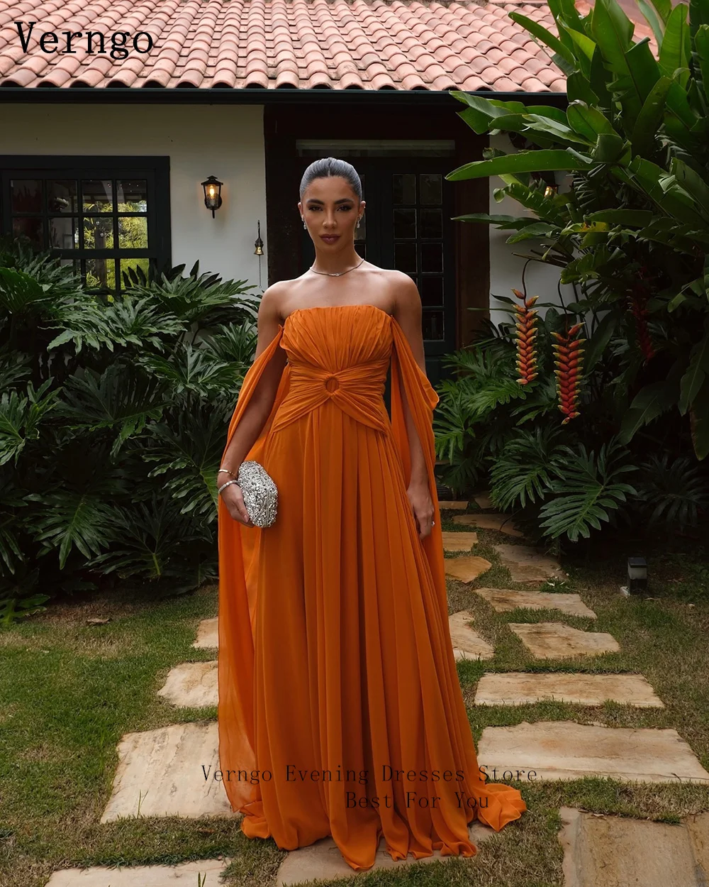 Verngo 오렌지 이브닝 드레스 우아한 오프 숄더 라인 댄스 파티 드레스 흐르는 핸드 플리츠 실크 파티 파티 드레스 맞춤형