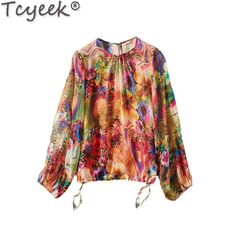 Tcyeek Real Mulberry Silk Top Female Spring Summer Elegant Blouses for Women 2024 Long Sleeve Pullover Print Fashion Blouse