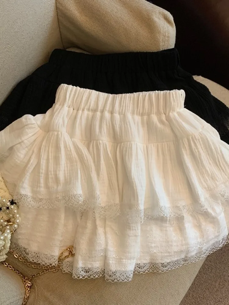 

Новая белая юбка-пирожное слоеное платье с кружевными вставками, женская, на раннюю весну, хит продаж, маленький размер, с завышенной талией, А-силуэт, из хлопковой газели