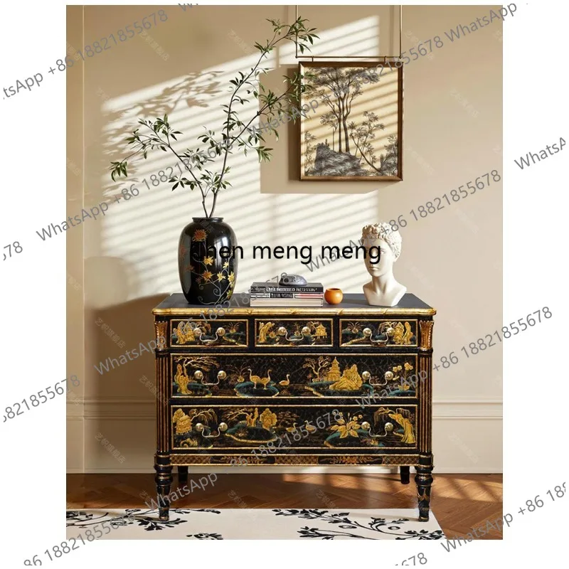 French solid wood painted chest cabinet, living room storage decorative cabinet, court engraving hand-painted entrance cabinet