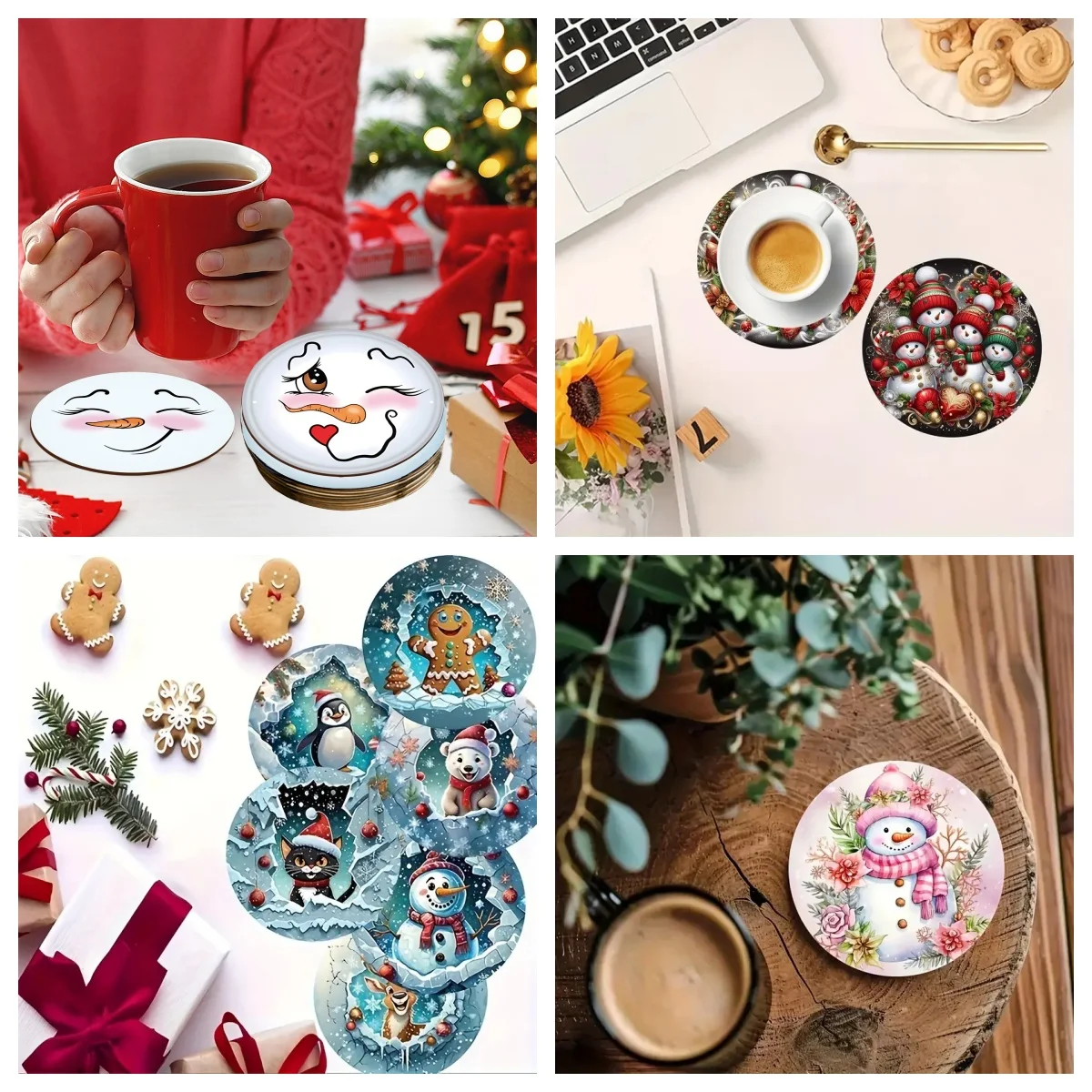 6 snowman print pads, suitable for daily family gathering decoration, office use, anti-slip wooden coasters, and festival gifts