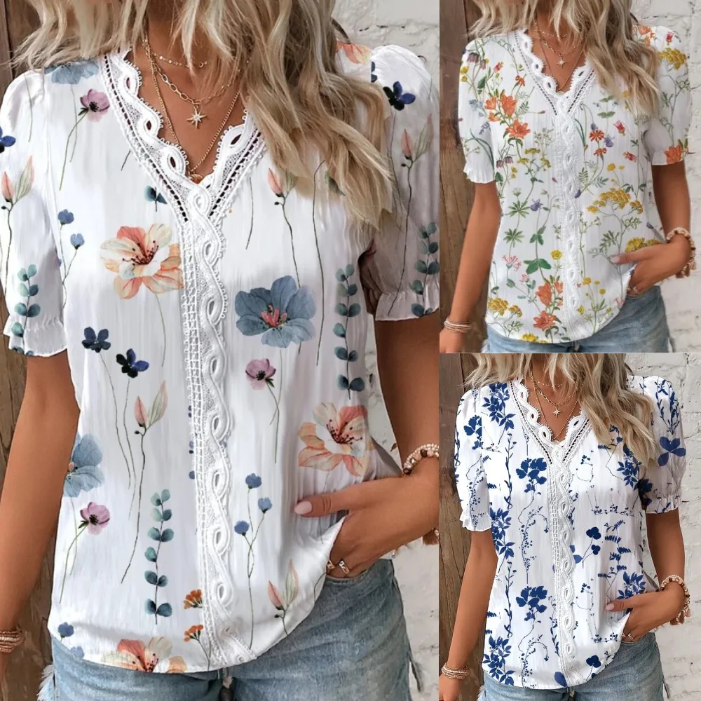 Fashion Casual Short Sleeve Shirt Women 2025 Summer V Neck Hollow Out Floral Print Blouse Female Elegant Striped Jacquard Tops