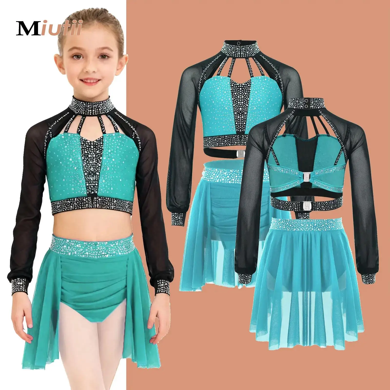 

Modern Contemporary Dancewear Lyrical Dance Costume for Kid Girl Cutout Rhinestone Crop Top with Skirts Gymnastics Ballet Outfit