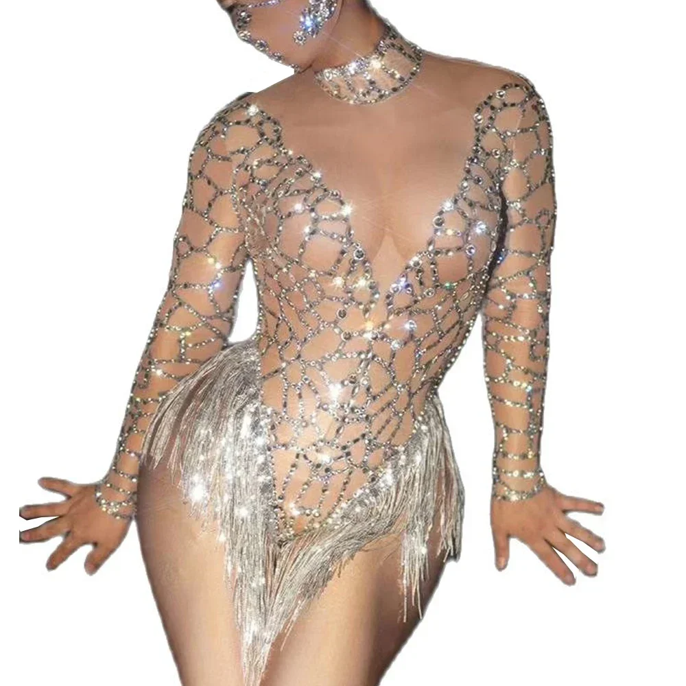 

Nude Shining Rhinestones Tassel Sexy Bodysuits For Women Nightclub DJ Stage Singer Performance Drag Queen Costumes Party