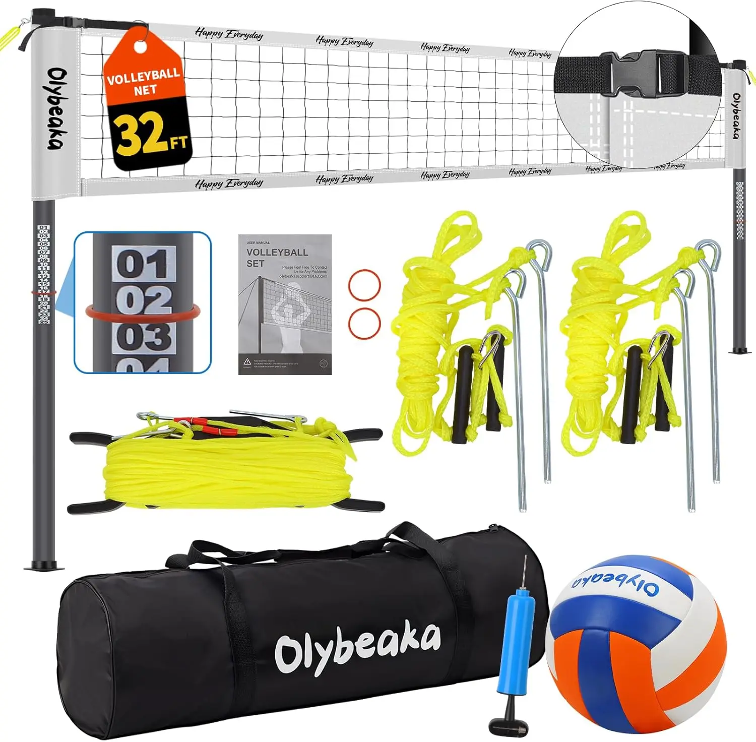 

Portable Volleyball Net Set for Grass Backyard Beach, 32ft/20ft with Adjustable Steel Poles, PE Net, Ball & Pump, Carry Bag