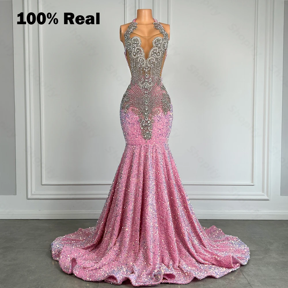 Vestidos de baile de lantejoulas brilhantes para meninas negras, vestidos longos, imagens reais, diamante de cristal prateado, sereia, luxo, rosa, 2024