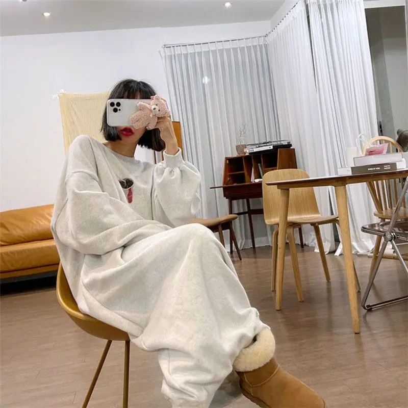 Autumn Winter New O-Neck Fleece Dress Women Pullover Print Korean Version Loose Lazy Patchwork Oversized Long Sleeve Dresses