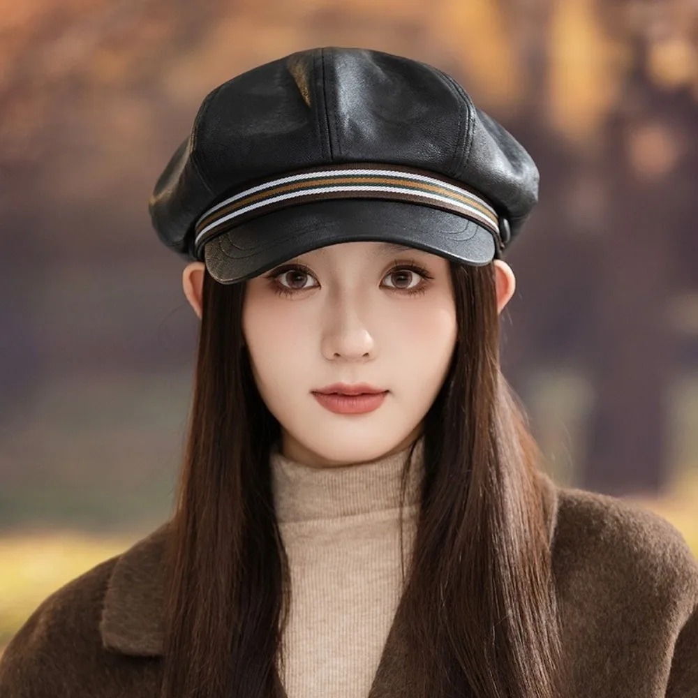 

Retro Stripe Pu Leather Beret Warm Windproof Octagonal Hat Flat Korean Style Painter Hat Winter