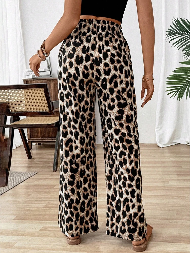 2025 New Leopard Print Pants Women Y2k Fashion Straight Leg Trousers Wide Flowy Long Bottoms Casual Streetwear Oversized Clothes
