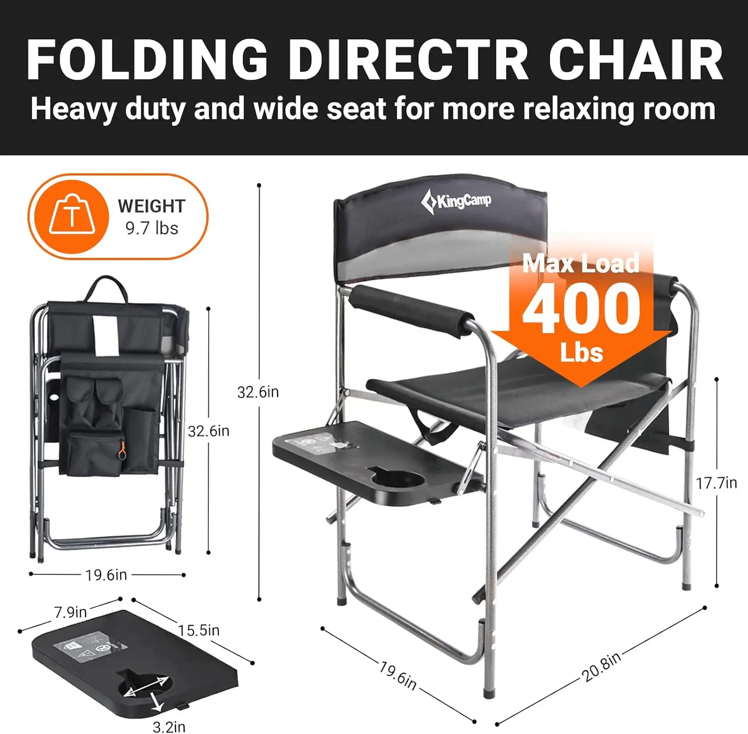 كرسي تخييم مباشر مكون من قطعتين مع مقاعد محمولة مبطنة قابلة للطي، باللون الأسود