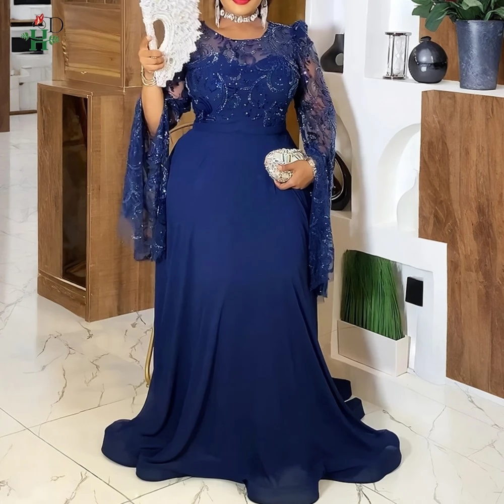 

H&D African Women's Plus Size Maxi Dress Lace Long Bell Sleeves Embroidered Sequin Gown For Weddings Gala and Grand Celebrations