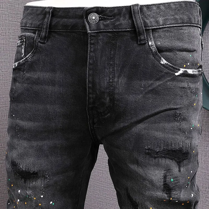 High Street Fashion Men Jeans Retro Black Gray Stretch Slim Fit Ripped Jeans Men Painted Designer Hip Hop Denim Pants Hombre