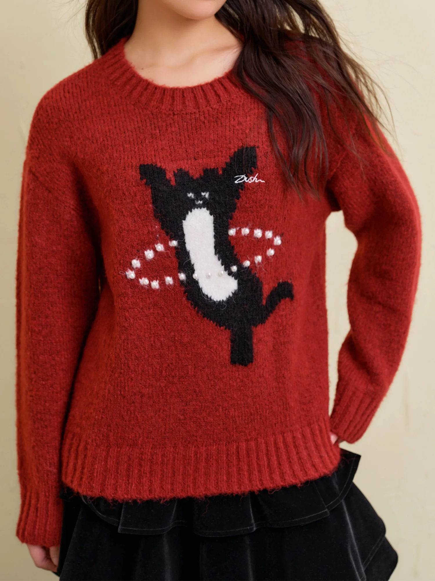 

DUSHU Festival Sense Women Red Sweater Pullovers Winter Thicken Warm Drop Sleeve Casual Tops Knitted Tops 24DS84628+24DS84629