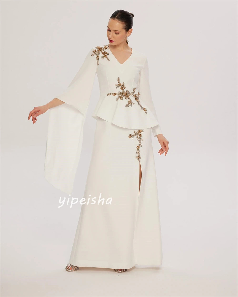 Robe de Fiançailles Trapèze en Jersey Froncé à Paillettes, Vêtement à Col en V, sur Mesure, pour Occasions